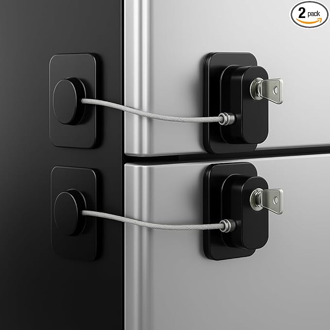 2Pcs Refrigerator Lock with Keys, Child Proof Cabinet Lock With Strong Adhesive, ABS Plastic & Stainless Steel Wire, Multi-Purpose Baby Proof for Fridge, Freezer, Cabinets, Drawers, Oven, Toilet & RVs