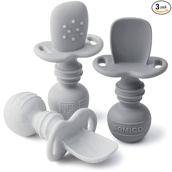 SAMiGO Silicone Baby Spoons Self Feeding 6+ Months - Infant Toddler Utensils - First Stage Baby Led Weaning Feeding Supplies - Set of 3 Pack