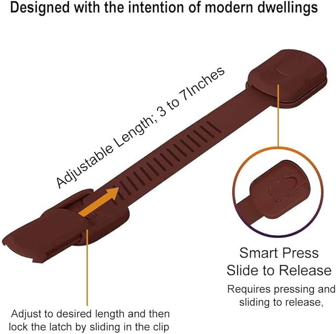 Child Proofing Safety Locks - 8 Pcs Baby Proof Lock with 8 Extra 3M Adhesives -Adjustable Flexible Strap Latches to Cabinet, Cupboard, Drawer, Fridge, Toilet-Seat, Oven, Closet Seat, Door,Window-Brown
