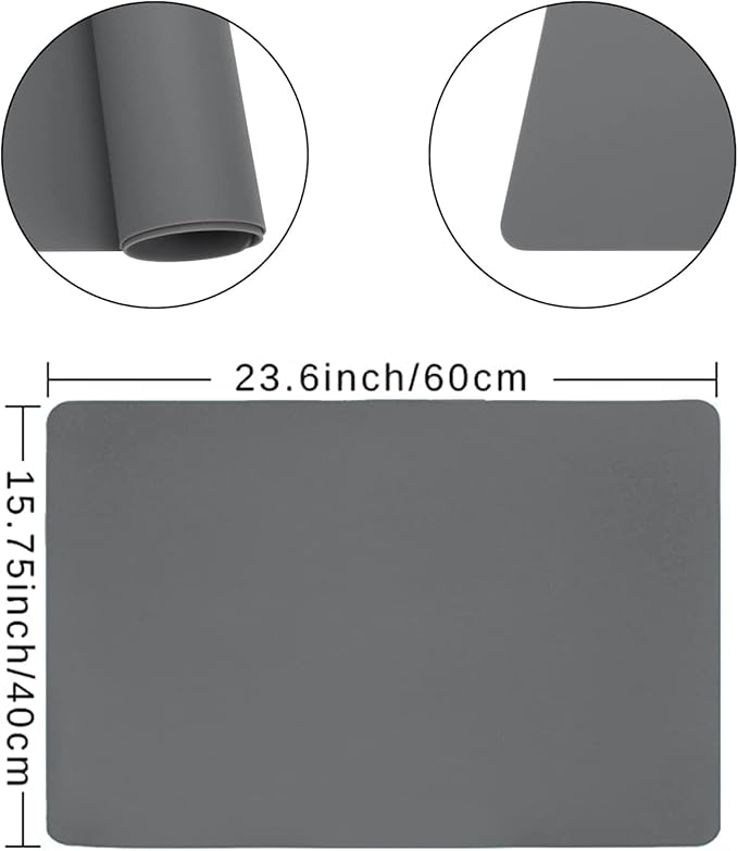 Extra Large Silicone Table Mat, Genuine Food-Grade Silicone Mat for Crafts Kids Dinner Placemat Desk Countertop Waterproof Protector Heat Insulation Kitchen Pastry Rolling Dough Pad (Dark Gray)