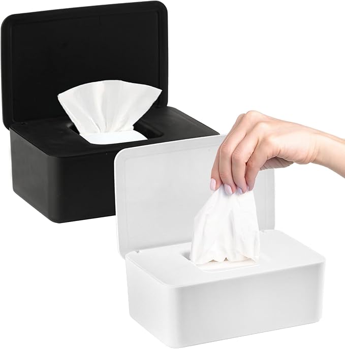 QBXMY7 2Pcs Diaper Wipes Dispenser, Refillable Wipe Container, Wipe Container with Sealing Design Lid, Keep Wipes Fresh,Wet Wipes Cases (White/Black)