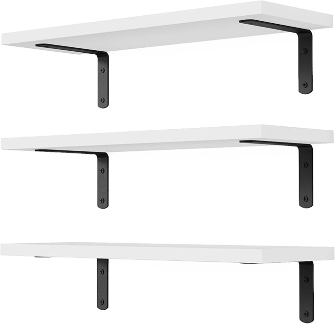 Floating Shelves, 3 Sets Wall Wooden Shelves for Décor, Mounted Bathroom Shelf Storage, Book Wall, Bedroom, Living Room – White, HM02