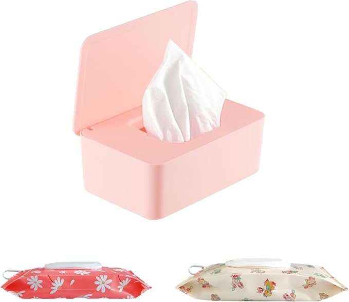 Wipes Dispenser with 2Pcs Portable Refillable Wipe Holder,Reusable Large Wipe Holder Box Flushable Wipes Case Bathroom Wipes Container for Pet Nursery Kitchen Office Counter(Pink)