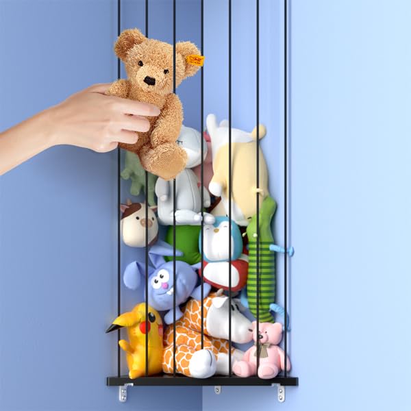 Stuffed Animal Storage Shelf Organizer(Patented) - Corner Stuffed Animal Holder Length Adjustable - Wall Plush Storage for Nursery Playroom Bedroom Kids Room (Black+Light, Standard)