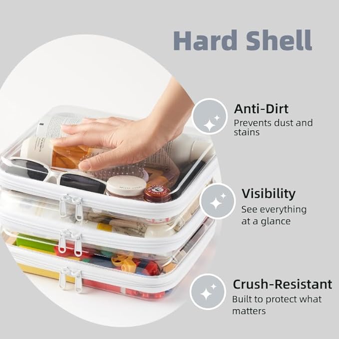 3-Pack Medium Clear Hard Shell Zipper Pouches, Clear Zipper Bags, Hard Case Pouches for Purse & Diaper Bag Organizer,and Travel Essentials（3M）