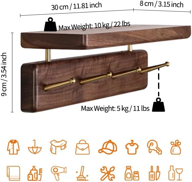 Mayhas Solid Wood Shelf with Hooks, 12 inch Coat Rack Wall Mount, Shelves with 4 Brass Hooks for Hanging in Entryway, Living Room, Bathroom, Bedroom, Kitchen(Walnut)