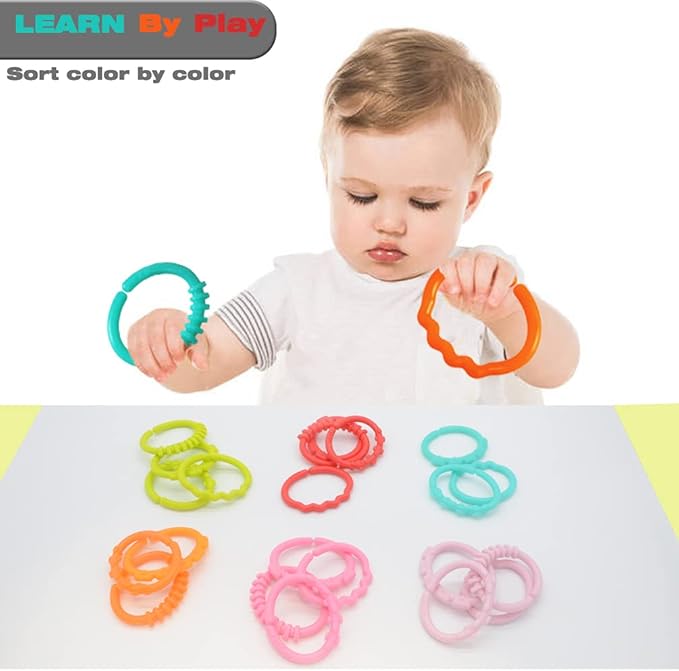 24 Pack Baby Rings Link Toys for Hanging Toy, Connecting Rings Toys for Infant Boy Girl, Early Learning Toys Car Seat and Stroller Travel Accessory Set with Storage Box