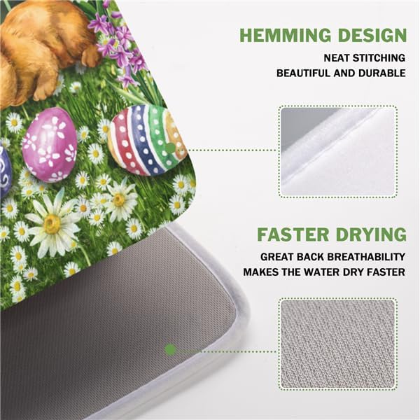 Easter Bunnies Eggs Dish Drying Mat for Kitchen Counter,Spring Colorful Flowers Drying Mat 16 x 18 Inch with High Absorbent Microfiber Drainer Mat for Coffee Bar