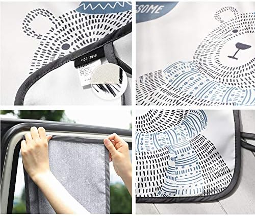 BEBEDECO Magnetic Car Sun Shade Curtain for Side Window – Sun Blocker and UV Protector for Baby, Kids, and Pets – Universal Fit with Built-in Magnets for Steel-Framed Door (Be-Awesome Bear)