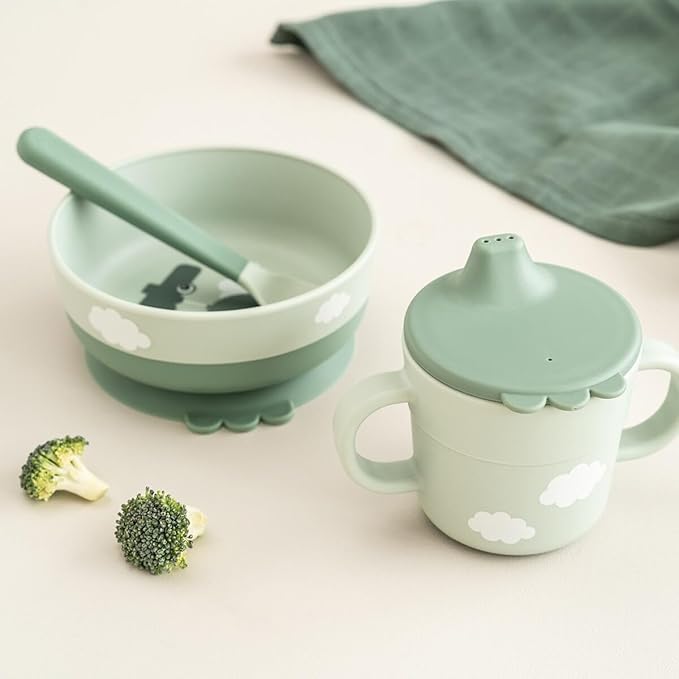 Done by Deer Foodie First Meal Set with Suction Base - Happy Clouds - Green - 3-Piece Toddler Feeding Set with Bowl, 2-Handle Spout Cup & Easy-Grip Spoon - Dishwasher & Microwave Safe