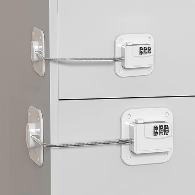 Refrigerator Lock (4 Pack), Heavy Duty Combination Fridge Lock, for Fridge, Cabinets, Window, Drawers and Child Safety Cabinet Lock, Strong Non-Marking Adhesive No Drilling (White)
