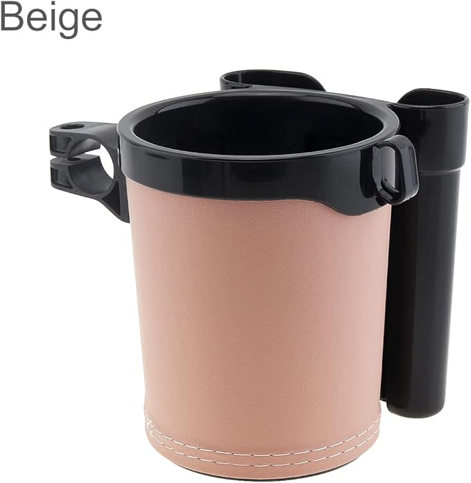 Tobefore Bike Cup Holder ABS+PU Leather with Phone Mount and Keys Hook，Adjustable Drink Holder for Bicycle Handlebar,Universal Coffee Cup Holder for Bicycle, Wheelchair, Scooter and Walker(Beige)