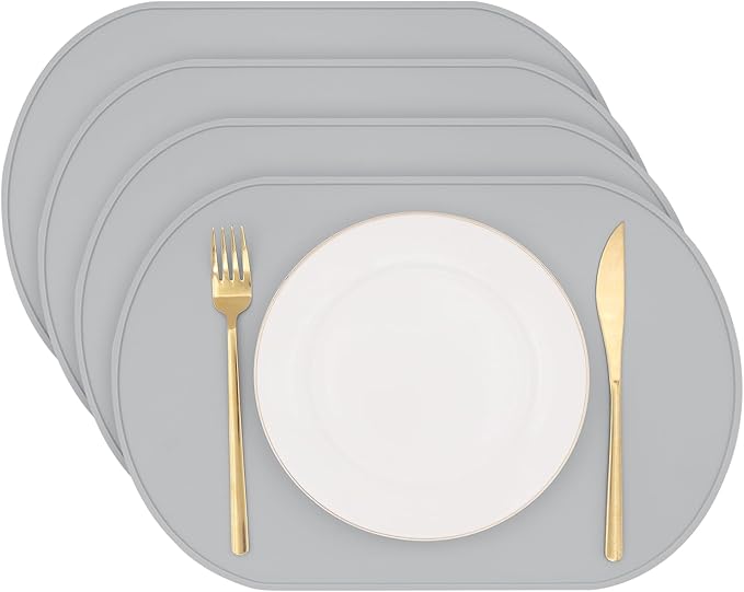 yuuzue Silicone Placemat Set of 4, Heat Resistant Placemats for Dinning Table, Reusable Portable Kids Baby Placemats, Waterproof Stain-Proof Toddler Food Mats, Easy to Clean Silicone Mat Oval Placemat