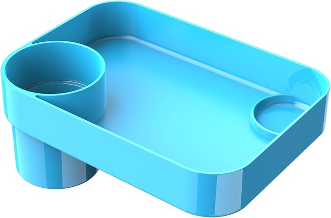 Car Seat Snack Tray for Toddlers - 3 Inch Cup Holder Fits Most Sippy Cups & Straw Bottles with Dip Well, Mess-Free Square Kids Travel Tray Road Trip Essentials, Sky Blue