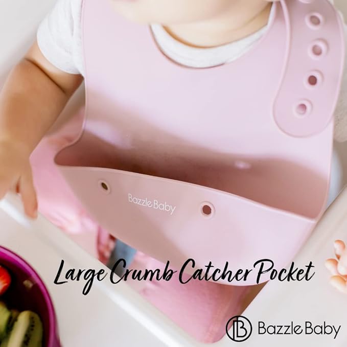 Bazzle Baby Silicone Bibs with Food Catcher - Rolls Up and Button closed for easy travel and storage Waterproof 2-Pk