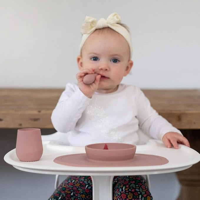 ezpz Tiny Bowl (Blush) - 6 Months+ - 100% Silicone Suction Placemat + Bowl for Infants - Fits All Highchair Trays - Baby-Led Weaning Supplies