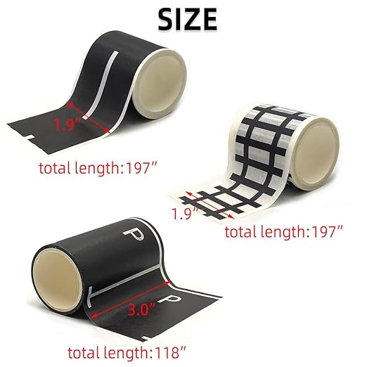 dspitwod Road Tape for Toy Cars Trains Play 6-Pack Black Car Track Tape, Parking Spot Stick to Floors and Table Flat Surface,No Residue, for Kids Gift (TAPE6)