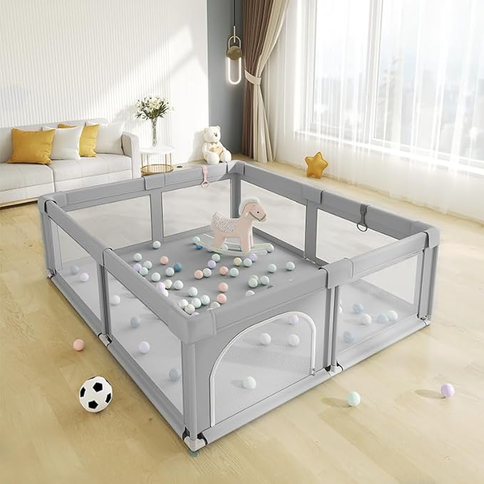 Large Baby Playpen,59" x 71" Baby Playard for Babies and Toddlers, babyFence Play Pens for Indoor & Outdoor, Sturdy Safety Play Yard with Soft Breathable Mesh, Anti-Fall (Grey)