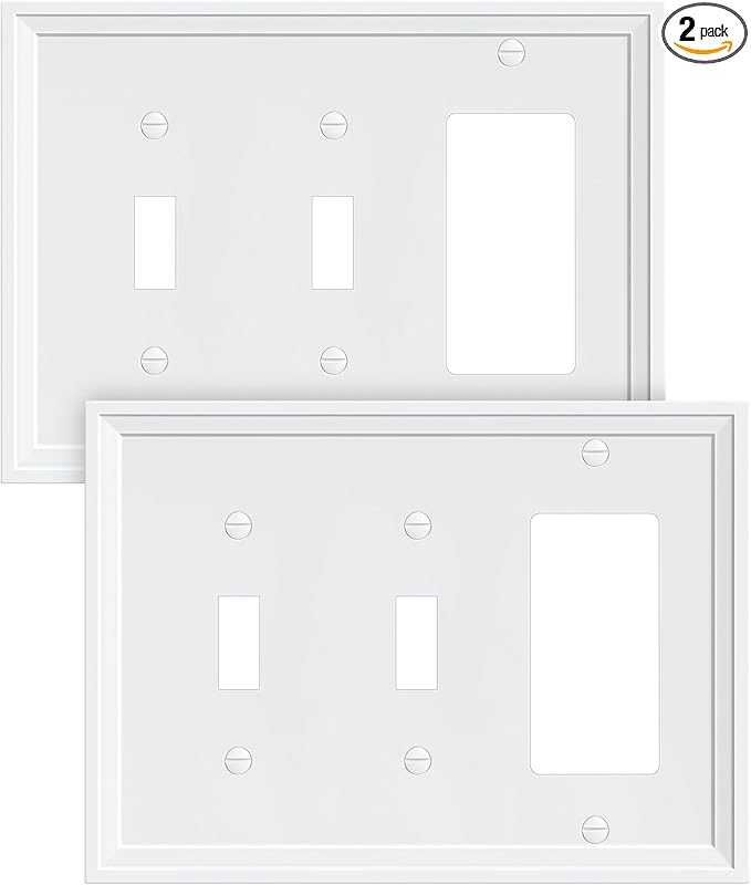 2-Pack Combo Decorator/Double Toggle Light Switch Cover Plate, Pure White Modern Decorative Electrical Outlet Covers, Bamboo Fiber Wall Switch Plates and Outlet Covers