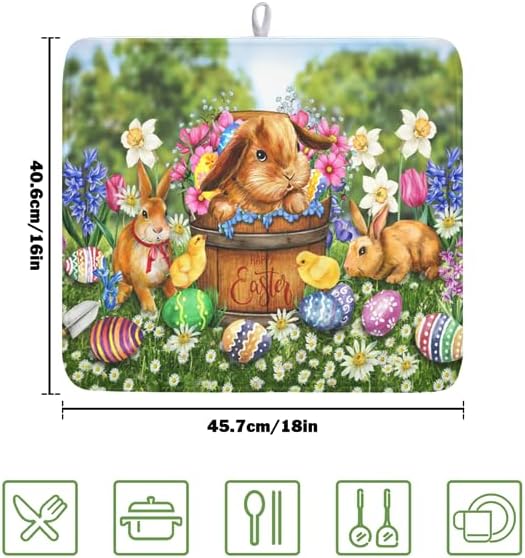 Easter Bunnies Eggs Dish Drying Mat for Kitchen Counter,Spring Colorful Flowers Drying Mat 16 x 18 Inch with High Absorbent Microfiber Drainer Mat for Coffee Bar