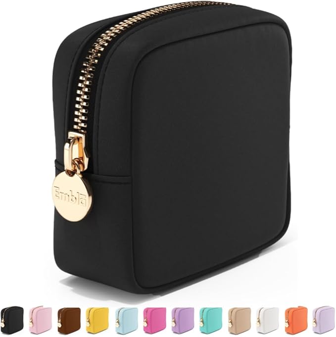Makeup Bag Travel Cosmetics Pouch and Toiletry Bag, Nylon Zipper Pouch Purse, Cute Make Up Organizer Storage Tote for Women Girls, Waterproof Travel Skincare Case, Small Makeup Bags, Black