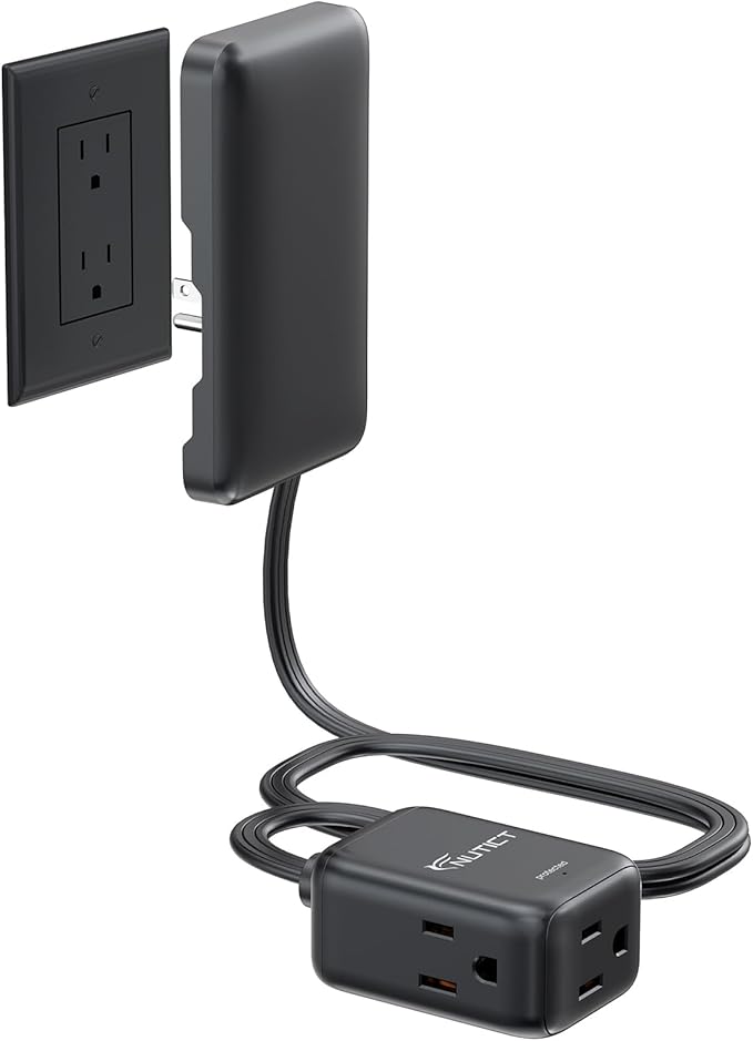 Flat Extension Cord with 3 Outlets, 3FT Short Extension Cord Flat Wall Plug & Ultra-Thin Outlet Cover, 900J Surge Protection, 13A/1625W, ETL Listed, Black Outlet Extender for Kitchen Bathroom