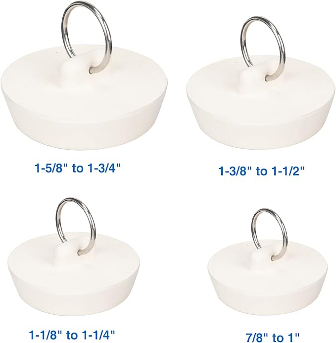 6 Packs Tub Stopper, Rubber Bathtub Stoppers Drain Plug, 2Pcs 15" Stainless Steel Beaded Chain, 6 Different Sizes Premium Bathroom Plug Fit for Kitchen, Bathroom Bath tub and Laundry Sink, White