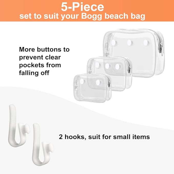 3 Packs Clear Bogg Beach Tote Bag with 2 Pack Insert Hooks Accessories for Bogg Bags Travel Makeup Clean Toiletry Brush Organizer Cosmetic Divider Storage Inner Pouch