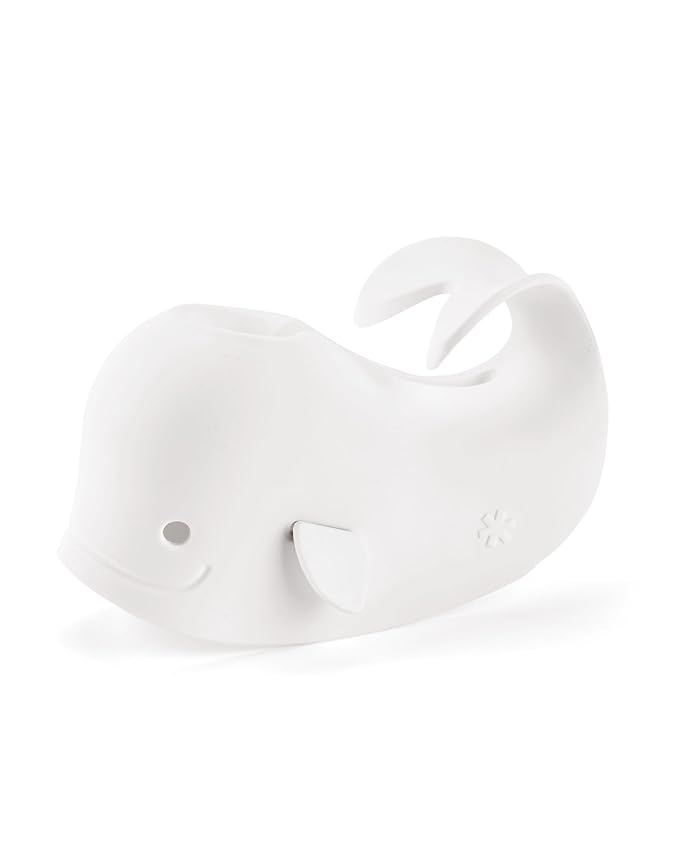 Skip Hop Baby Bath Spout Cover, Bathtub Faucet Cover with Soft Rubbery Material, Dishwasher-Safe, Easy-to-Adjust Straps and Tail Hook for Hanging, Fits Most Tub Spouts, MOBY, White