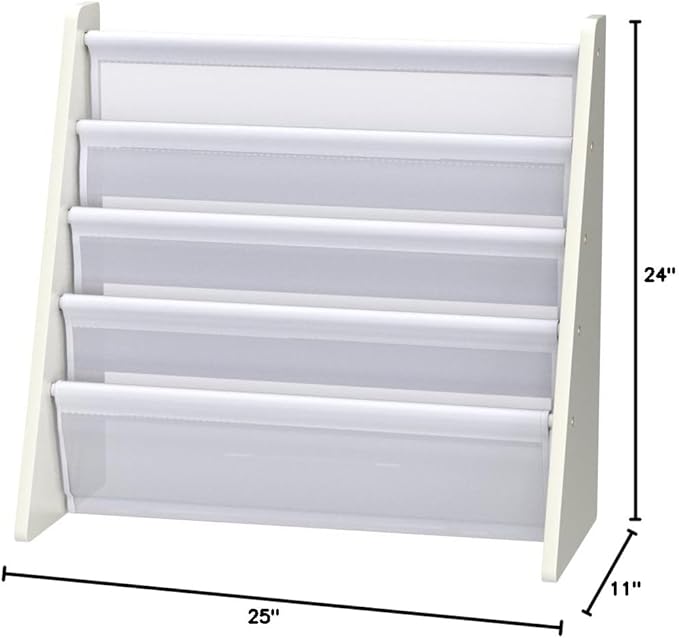 Humble Crew 4-Tier Kids Bookshelf, White Wood/White - Premium Book Shelf for Kids Rooms with Four Deep Pockets - Toddler Sling Book Rack with Deep Sleeves, Nursery Bookcase Organizer
