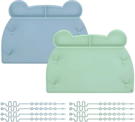 2 Pack Silicone Placemat for Toddlers with Suction Cups & Toy Straps, Busy Baby Mat for High Chair, Restaurant & Travel, Easy Clean Non-Slip Baby Feeding Mat（Blue&Green）