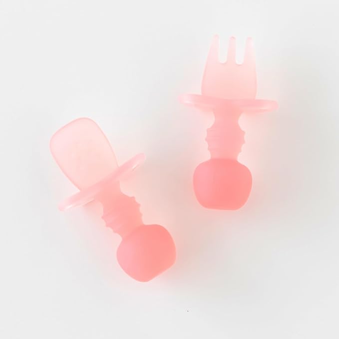 Bumkins Baby Utensils Set, Chewtensils Silicone Spoons for Dipping, Self-Feeding, Baby Led Weaning, Trainer Learning, First Stage Eating, Soft Practice Fork and Spoon, Babies 6 Months, Pink Jelly