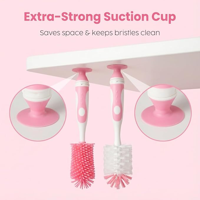 Ariseno 5-in-1 Baby Bottle Brush Set, Including Nylon and Silicone Bottle Brush, Cap, Straw, Nipple Brushes, BPA-Free (Pink)