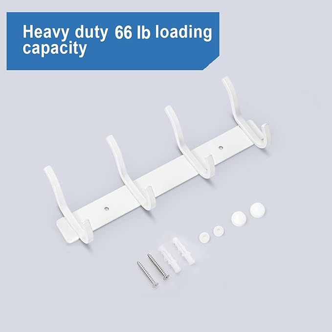HAMUTH White Wall Hooks Heavy Duty, 12 Inch Coat Hooks Wall Mount with 4 Hooks, 2 Packs Wall Hooks Hangers for Entryway, Bathroom - for Hanging Backpack, Bag, Coat, Purse, Hat, Towel, Clothes