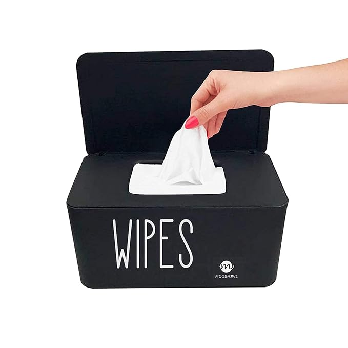 Moorfowl Baby Wipe Dispenser for Bathroom, Upgarde Design(8.2L x 4.9W x 3.9H inches), Minimalist Wipes Holder Container Flushable (Black-New)