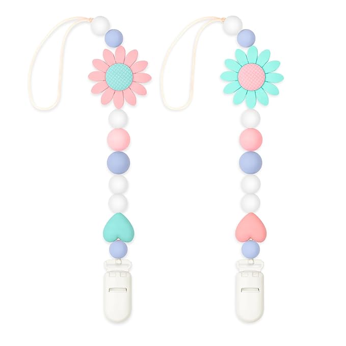 Silicone Pacifier Clip, 2 Pack Pacifier Holder for Boys and Girls, Adorable Sunflower Pacifier Clips Fits for Most Pacifier, Baby Teethers, Baby Shower and Baby Gift(Pink&Green)
