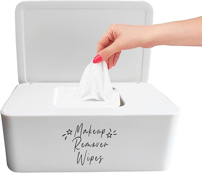 Moorfowl Makeup Remover Wipes Container,7.28" L * 4.80" W * 2.75" H, Makeup Wipes Holder Dispenser Chic for Bathroom Vanity Dressing Table (White)