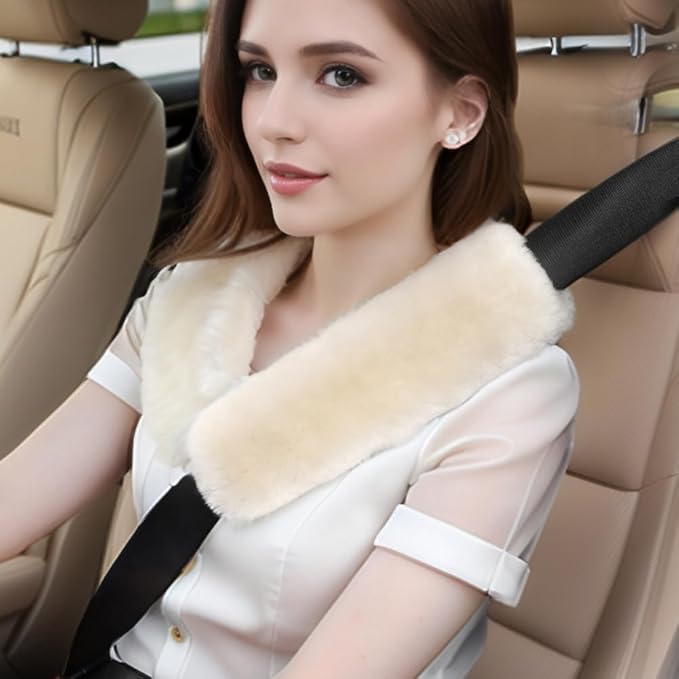 Fluffy Fuzzy Genuine Sheepskin Car Seat Belt Covers for Soft Auto Lambswool Seatbelt Pads, Shoulder Strap Cushion Adults Kids (1, Bamboo)