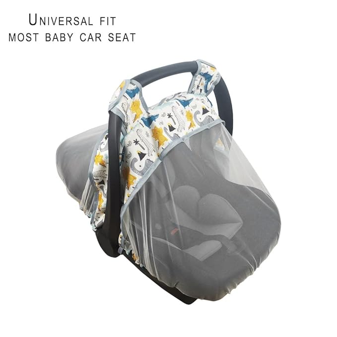 Mosquito Net for Baby CarSeat –Car seat net for Newborn Carrier –Breathable mesh net for Infant Car Seats, Stroller and Bassinets, Carrier, Elastic Edge, Kick Proof, Dinosaur, White, Patent Design