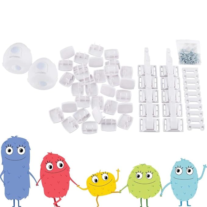 Toddleroo by North States Childproofing Starter Set 2 Door Knob Covers, 34 Plug Protectors, 10 Drawer & Cabinet Latches. Baby-Proof with Confidence (46 Piece Set, White)