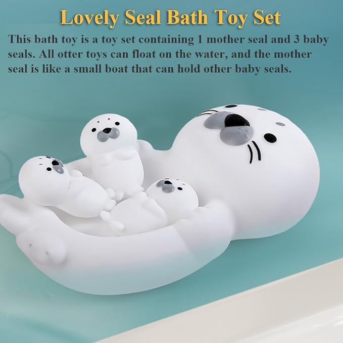 4-in-1 Seal Bathtub Toys | Mother-Baby Floating & Nesting Set | Easy-Clean Non-Toxic Rubber | Fun Montessori Bath-Time Gift for Boys & Girls