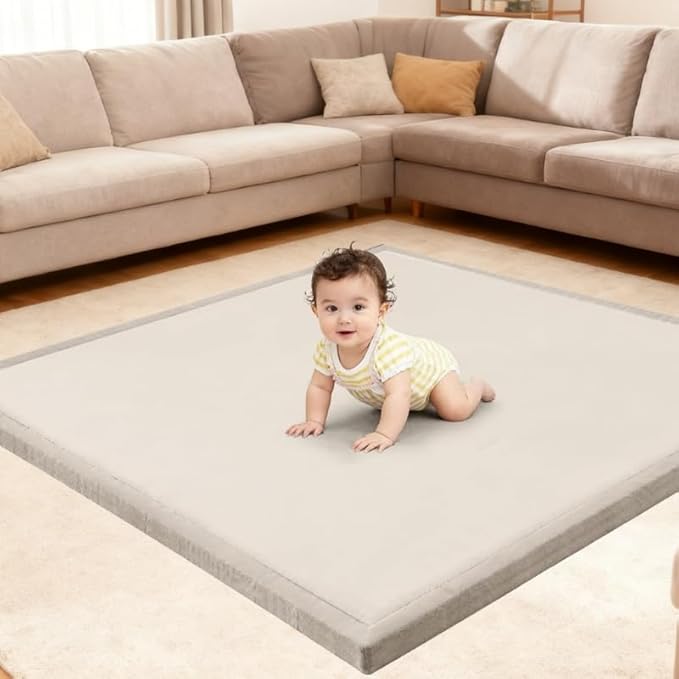 Ultra Soft Baby Play Mat for Floor, 59"×71" Playpen Mat, 1.3" Thick Memory Foam, Non-Slip Tummy Time Mat for Infants, Toddlers, and Kids – Water-Repellent Coral Velvet, Easy Care