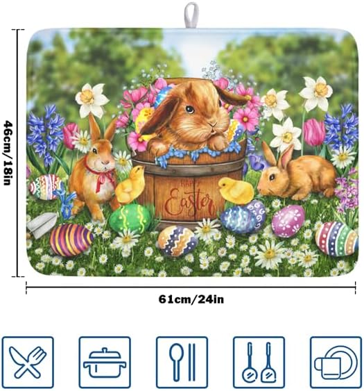 Easter Bunnies Eggs Dish Drying Mat for Kitchen Counter,Spring Colorful Flowers Drying Mat 18 x 24 Inch with High Absorbent Microfiber Drainer Mat for Coffee Bar