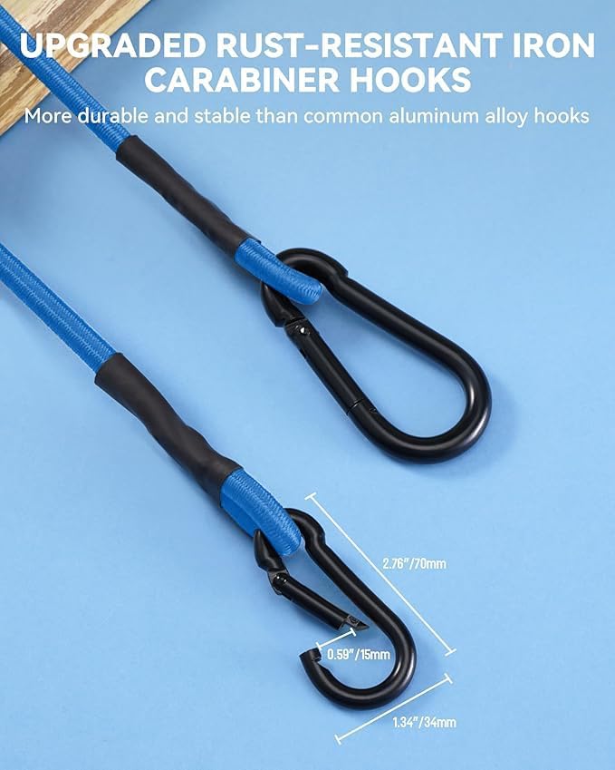 8 Pack 48 Inch Heavy Duty Bungee Cords with Carabiner Hooks, 190 lbs Max Strength Bungee Straps for Cargo, Bike, Cart, Roof Rack, Truck, Tent, Camping, Motorcycle, Outdoor Storage and More, Blue