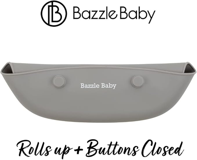 Bazzle Baby Silicone Bibs with Food Catcher - Rolls Up and Button closed for easy travel and storage Waterproof 2-Pk