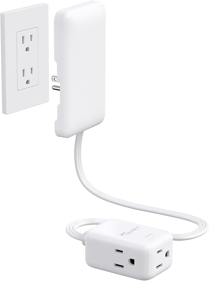 1.5FT Short Flat Extension Cord with 3 Outlets, Flat Wall Plug & Ultra-Thin Outlet Cover, ETL Listed, 13A/1625W, 900J Surge Protection, White Outlet Extender Plug Behind TV, Couch, Furniture