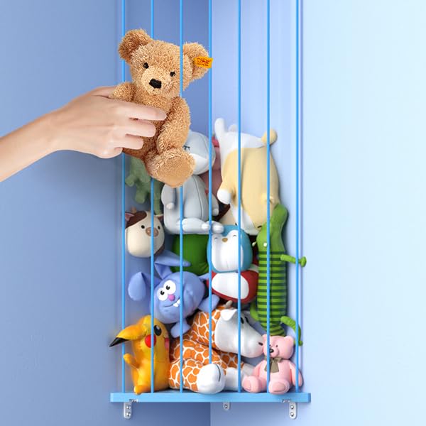 Stuffed Animal Storage Shelf Organizer(Patented) - Corner Stuffed Animal Holder Length Adjustable - Wall Plush Storage for Nursery Playroom Bedroom Kids Room (Blue, Standard)
