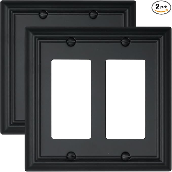 2-Pack Double Decorator Outlet Covers, Decorative Black Wall Plates, Metal Face Plates for Receptacle, GFCI Outlet, Dimmer Switch, 4.96''*4.88'', Midsize