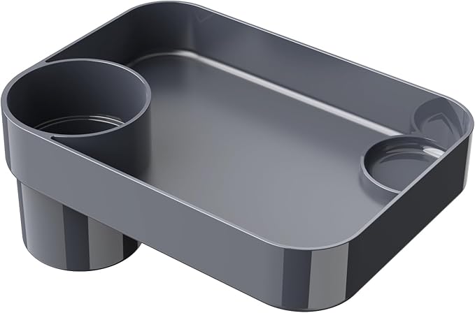 Car Seat Snack Tray for Toddlers - 3 Inch Cup Holder Fits Most Sippy Cups & Straw Bottles with Dip Well, Mess-Free Square Kids Travel Tray Road Trip Essentials, Dark Grey