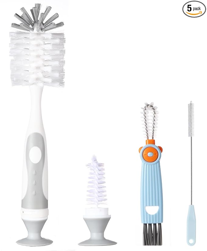 Ariseno 4-in-1 Baby Bottle Brush Set - Including Brushes for Bottles, Straws, Caps, & Nipples - BPA-Free (Grey)